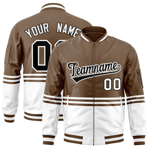 Custom Brown Black-White Varsity Full-Zip Color Block Letterman Bomber Jacket