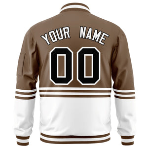 Custom Brown Black-White Varsity Full-Zip Color Block Letterman Bomber Jacket