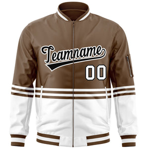 Custom Brown Black-White Varsity Full-Zip Color Block Letterman Bomber Jacket