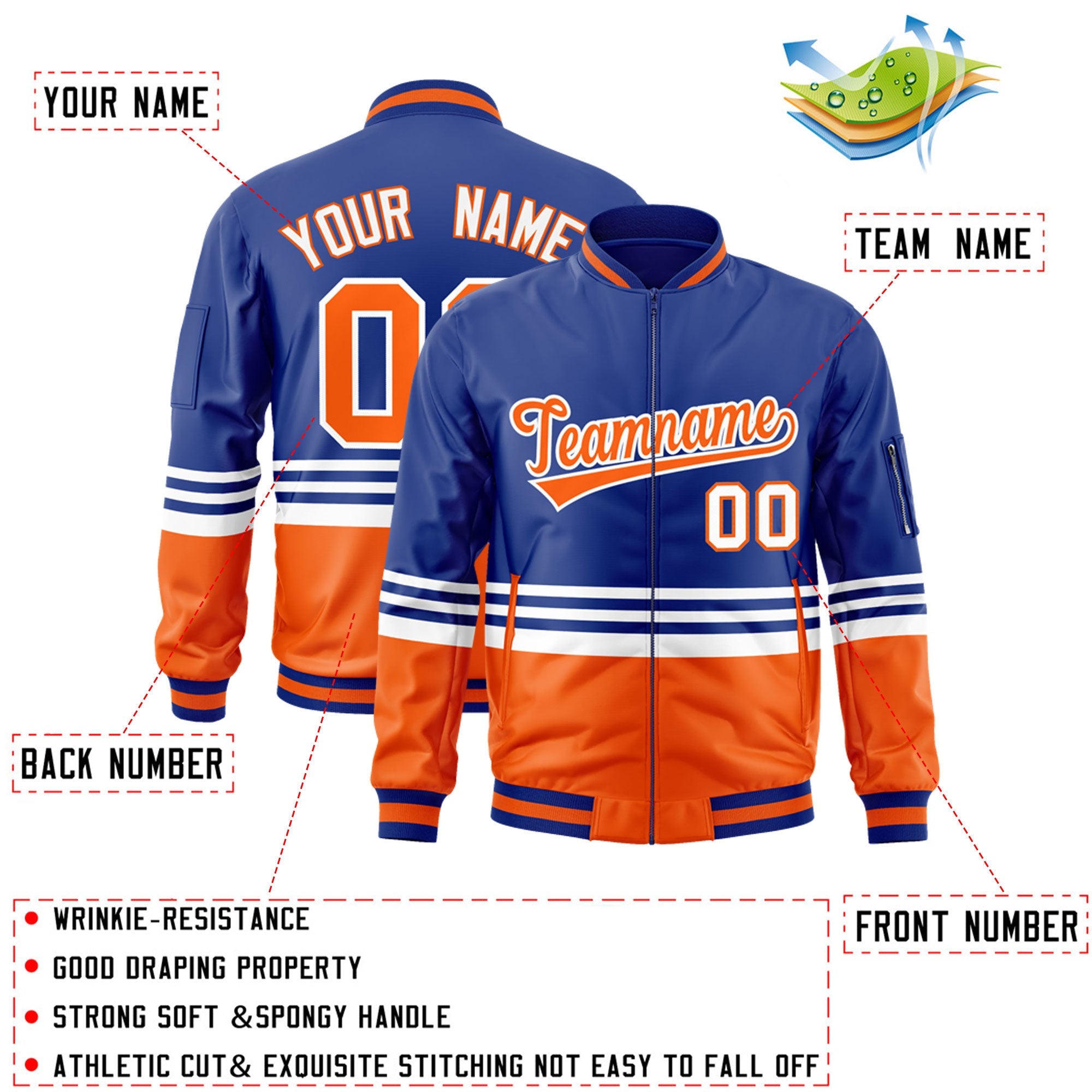 Custom Royal Orange-White Varsity Full-Zip Color Block Letterman Bomber Jacket