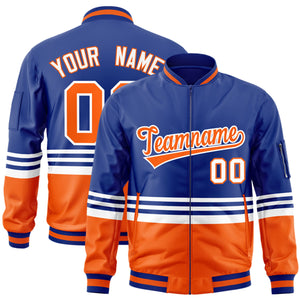 Custom Royal Orange-White Varsity Full-Zip Color Block Letterman Bomber Jacket