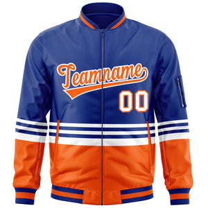 Custom Royal Orange-White Varsity Full-Zip Color Block Letterman Bomber Jacket