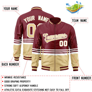 Custom Crimson Khaki-White Varsity Full-Zip Color Block Letterman Bomber Jacket