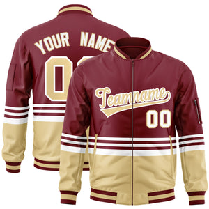 Custom Crimson Khaki-White Varsity Full-Zip Color Block Letterman Bomber Jacket