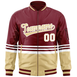 Custom Crimson Khaki-White Varsity Full-Zip Color Block Letterman Bomber Jacket