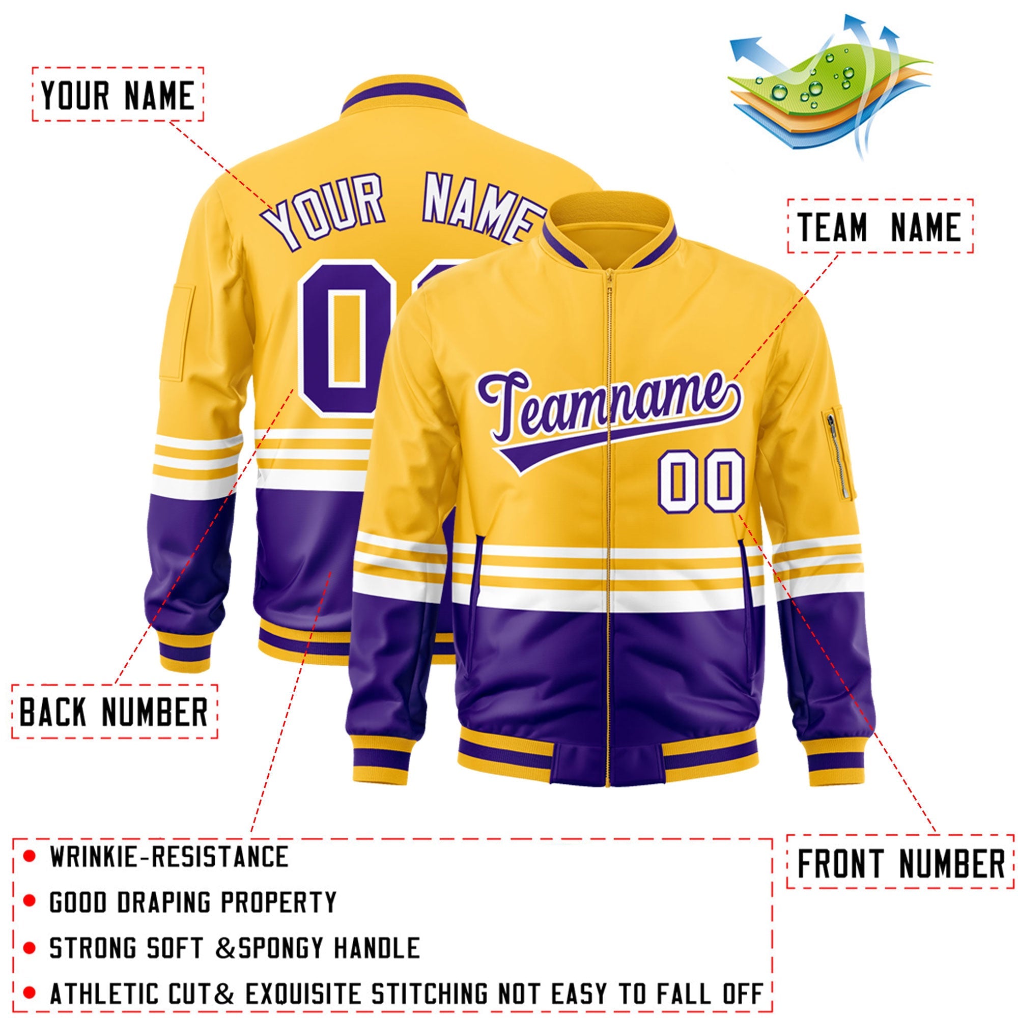 Custom Gold Purple-White Varsity Full-Zip Color Block Letterman Bomber Jacket