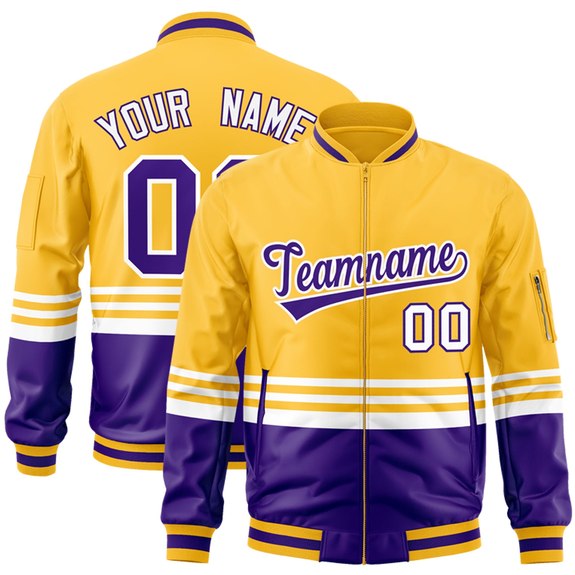 Custom Gold Purple-White Varsity Full-Zip Color Block Letterman Bomber Jacket