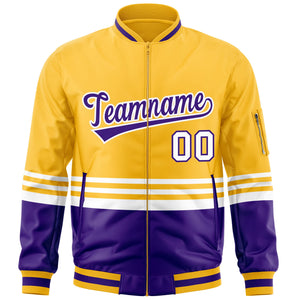 Custom Gold Purple-White Varsity Full-Zip Color Block Letterman Bomber Jacket