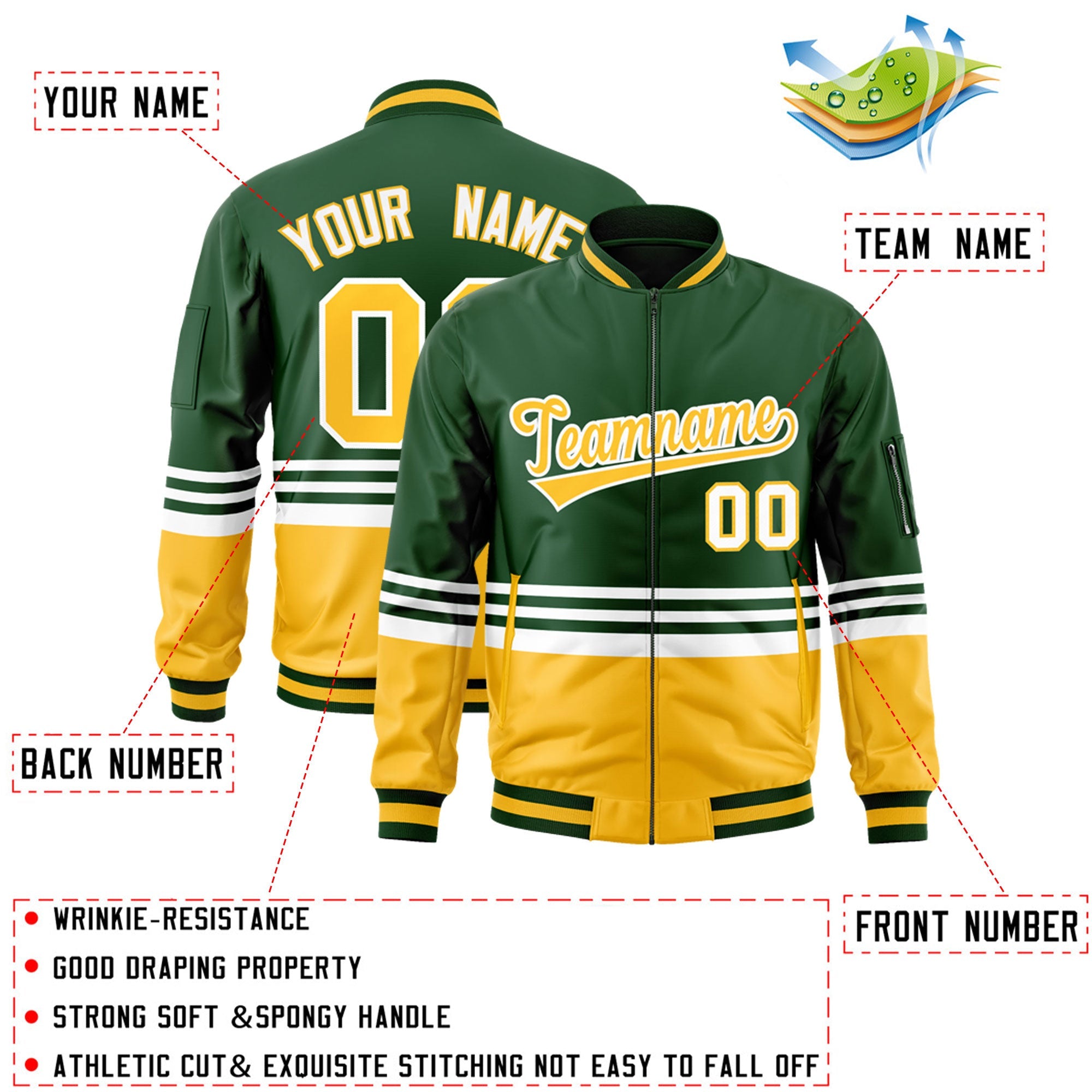 Custom Green Gold-White Varsity Full-Zip Color Block Letterman Bomber Jacket