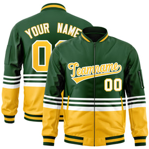 Custom Green Gold-White Varsity Full-Zip Color Block Letterman Bomber Jacket