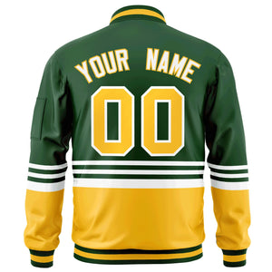 Custom Green Gold-White Varsity Full-Zip Color Block Letterman Bomber Jacket