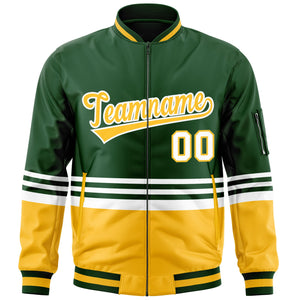 Custom Green Gold-White Varsity Full-Zip Color Block Letterman Bomber Jacket