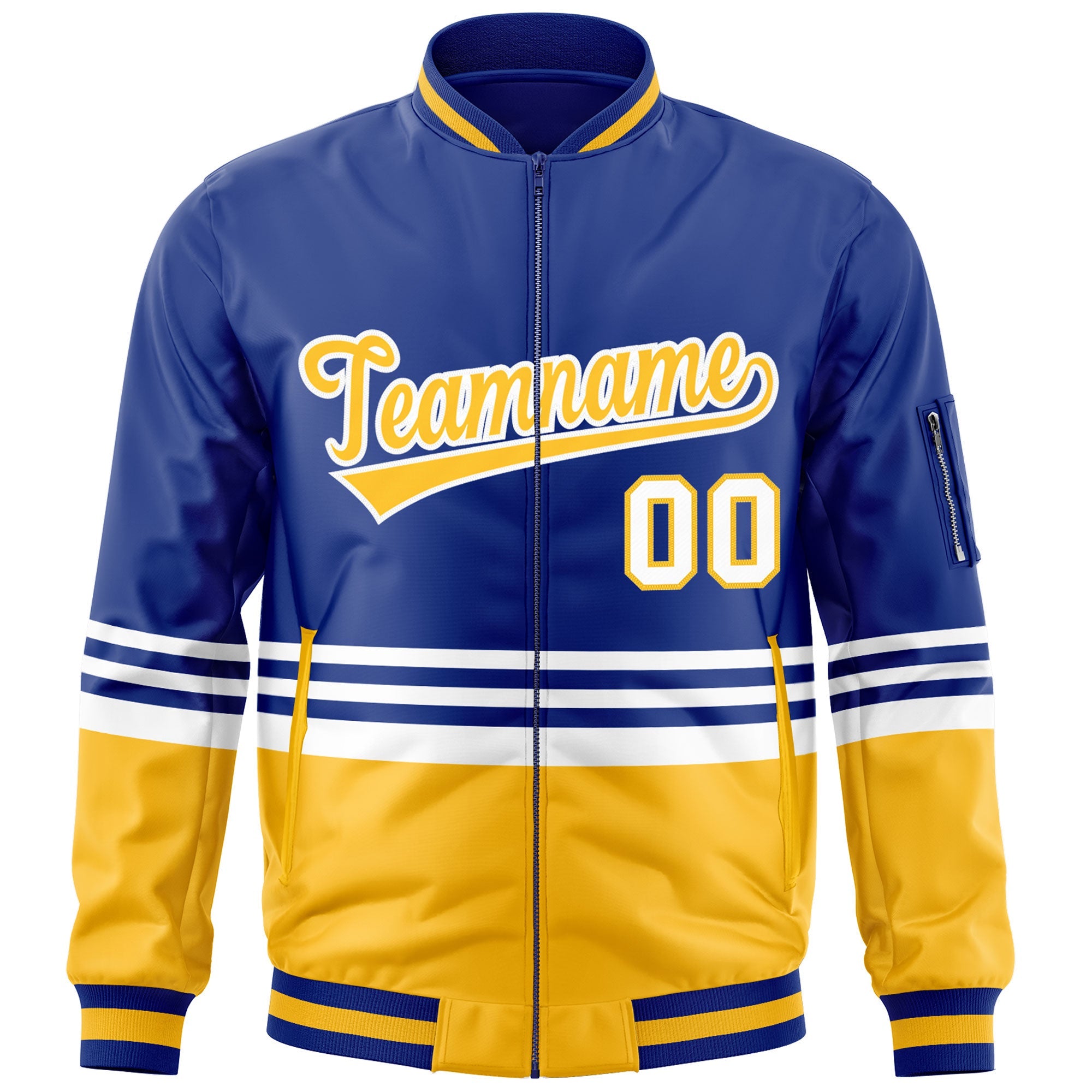 Custom Royal Gold-White Varsity Full-Zip Color Block Letterman Bomber Jacket