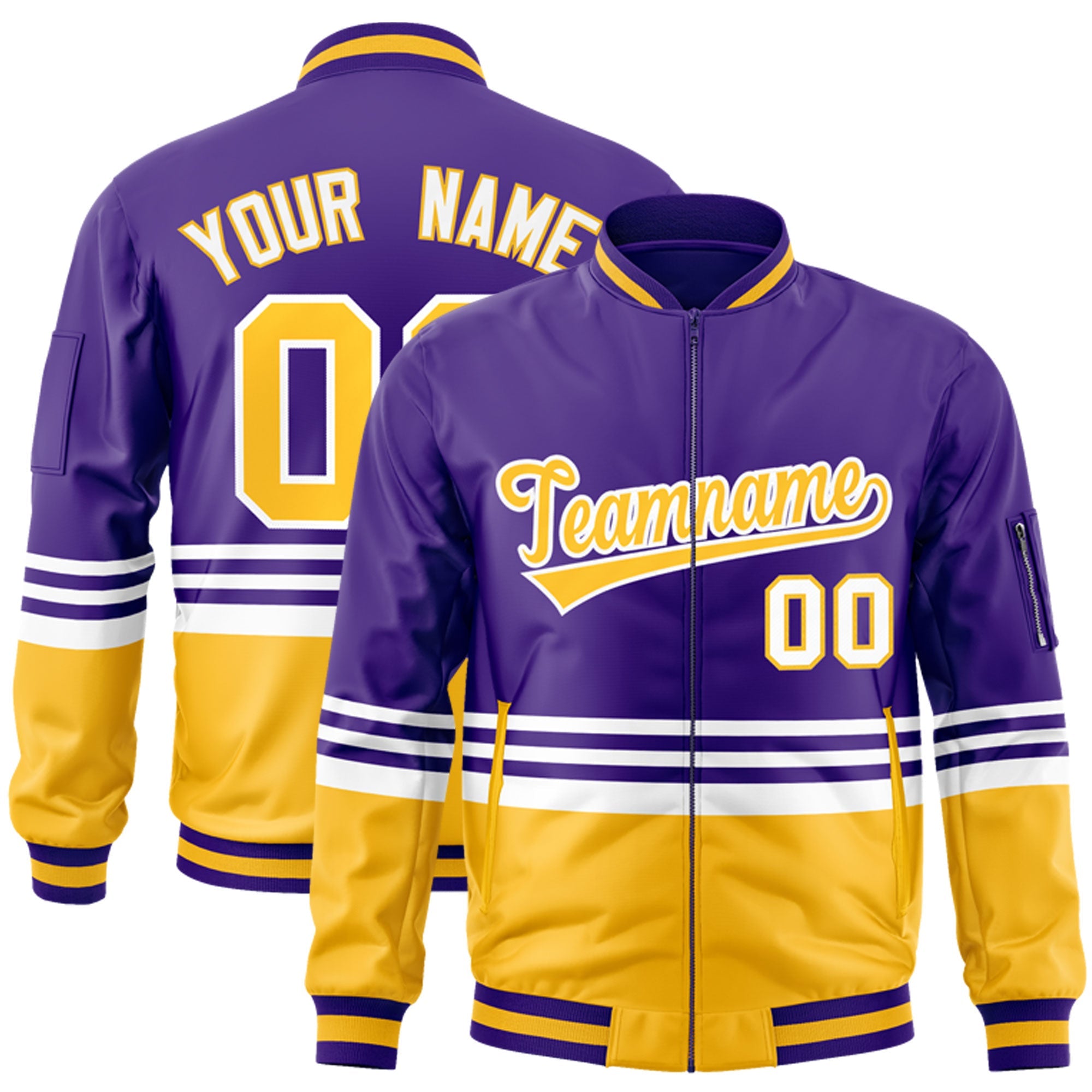 Custom Purple Gold-White Varsity Full-Zip Color Block Letterman Bomber Jacket