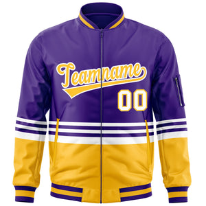 Custom Purple Gold-White Varsity Full-Zip Color Block Letterman Bomber Jacket