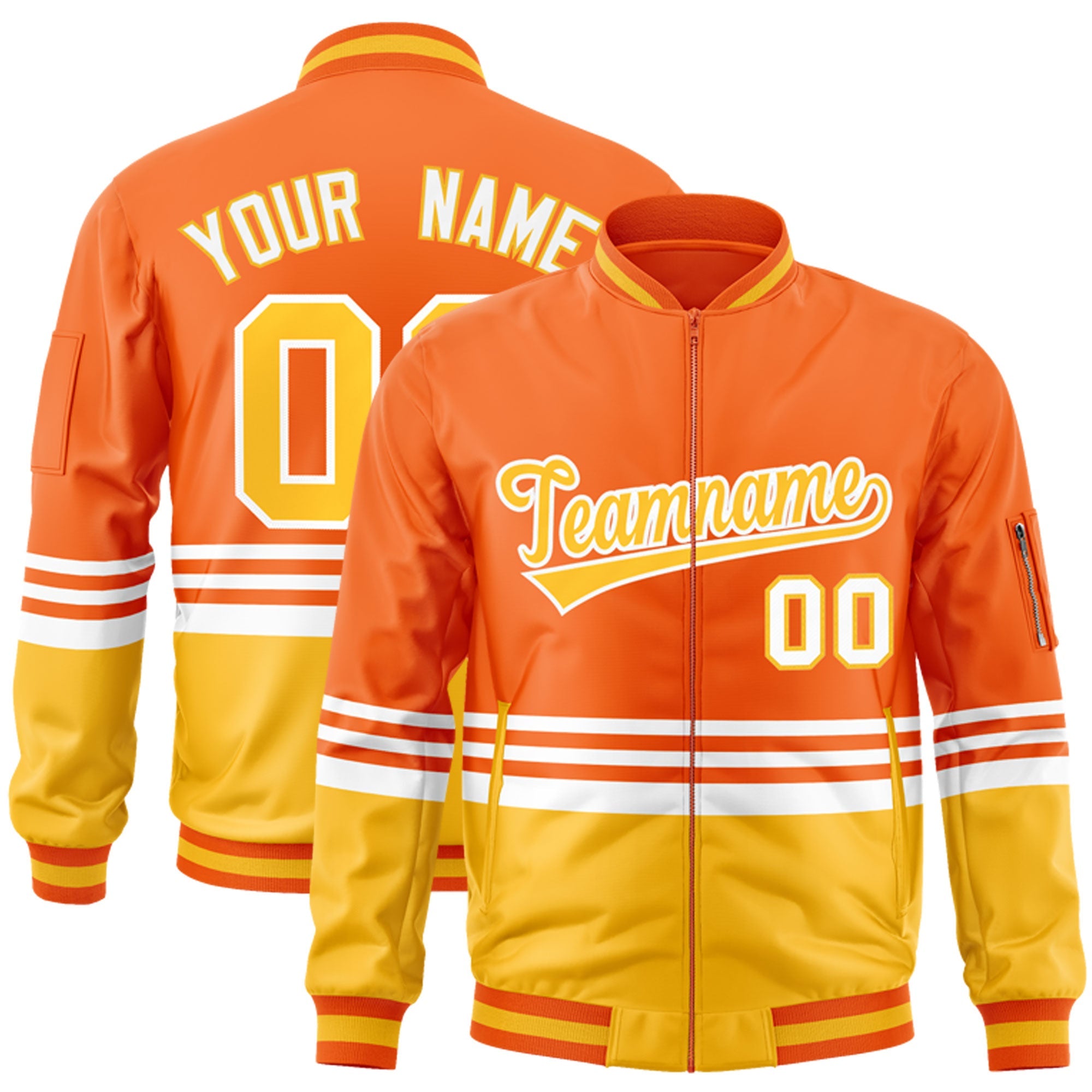 Custom Orange Gold-White Varsity Full-Zip Color Block Letterman Bomber Jacket