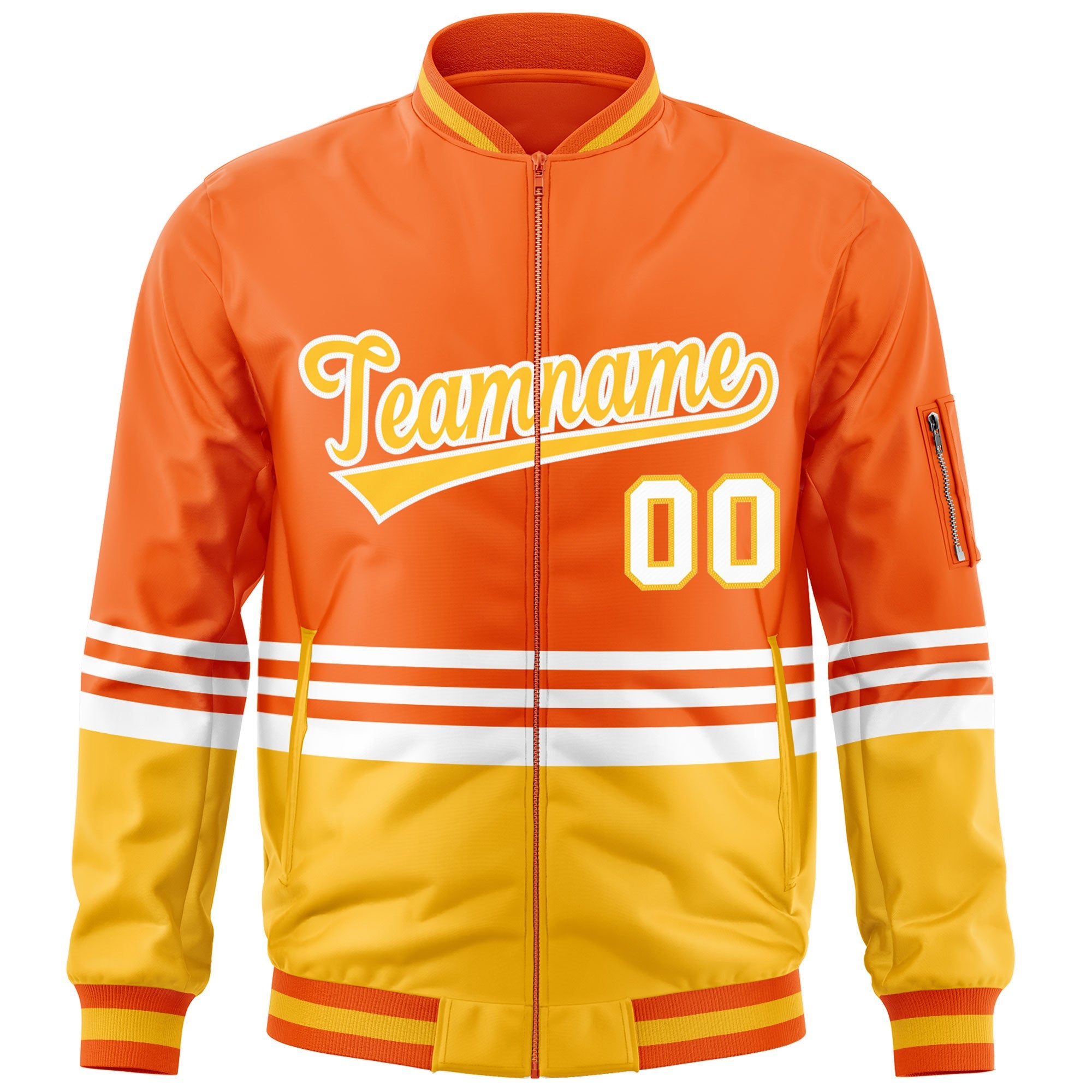 Custom Orange Gold-White Varsity Full-Zip Color Block Letterman Bomber Jacket