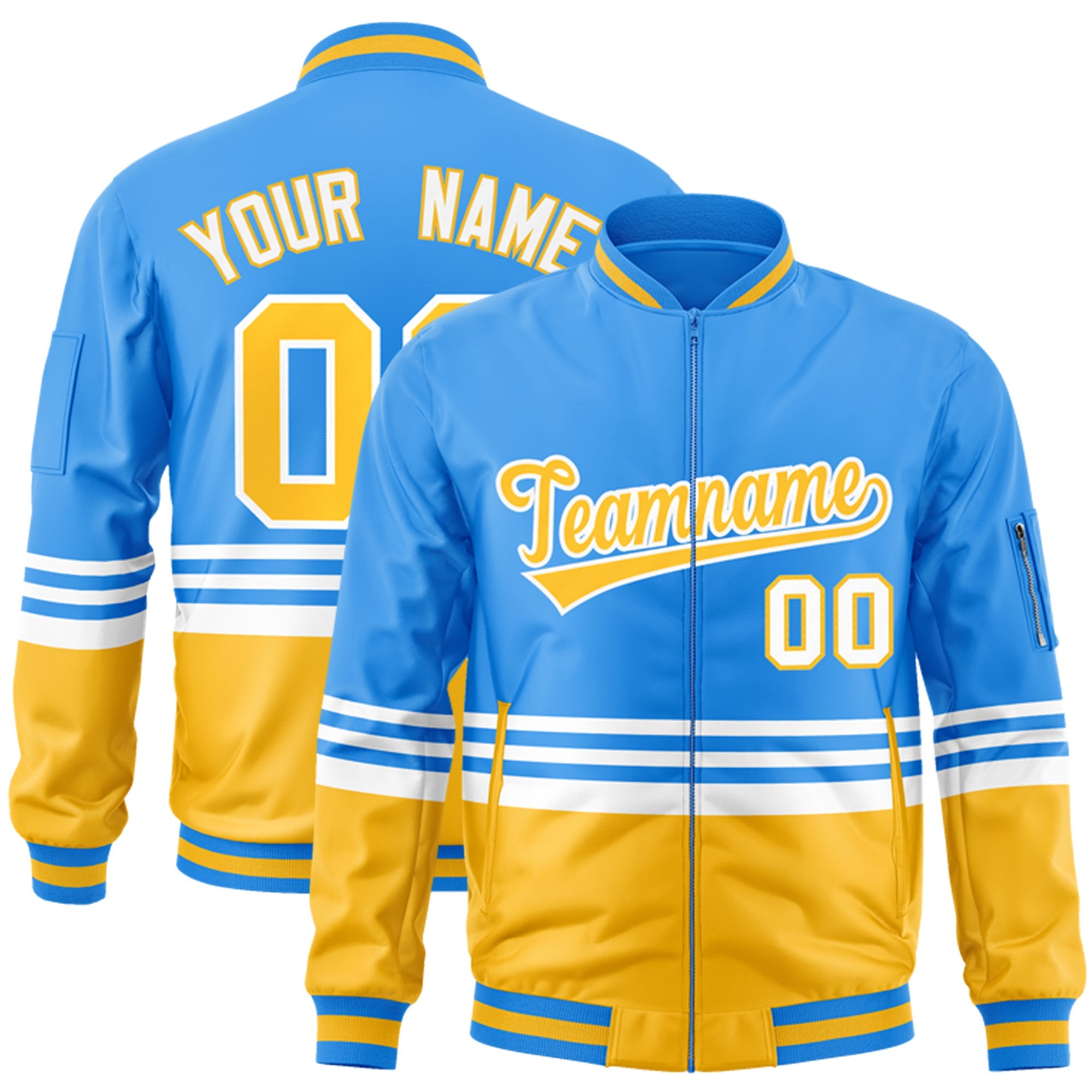 Custom Powder Blue Gold-White Varsity Full-Zip Color Block Letterman Bomber Jacket