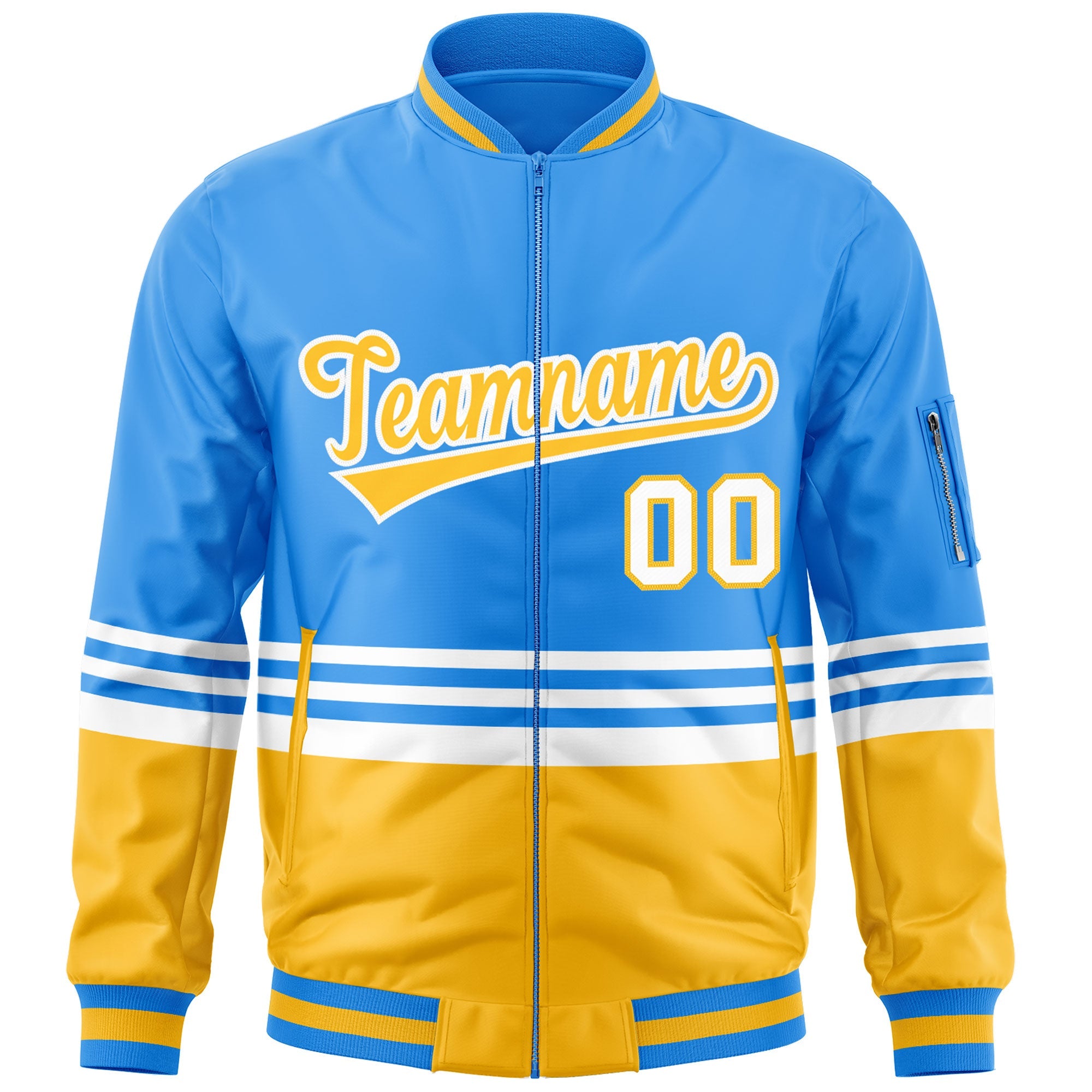 Custom Powder Blue Gold-White Varsity Full-Zip Color Block Letterman Bomber Jacket