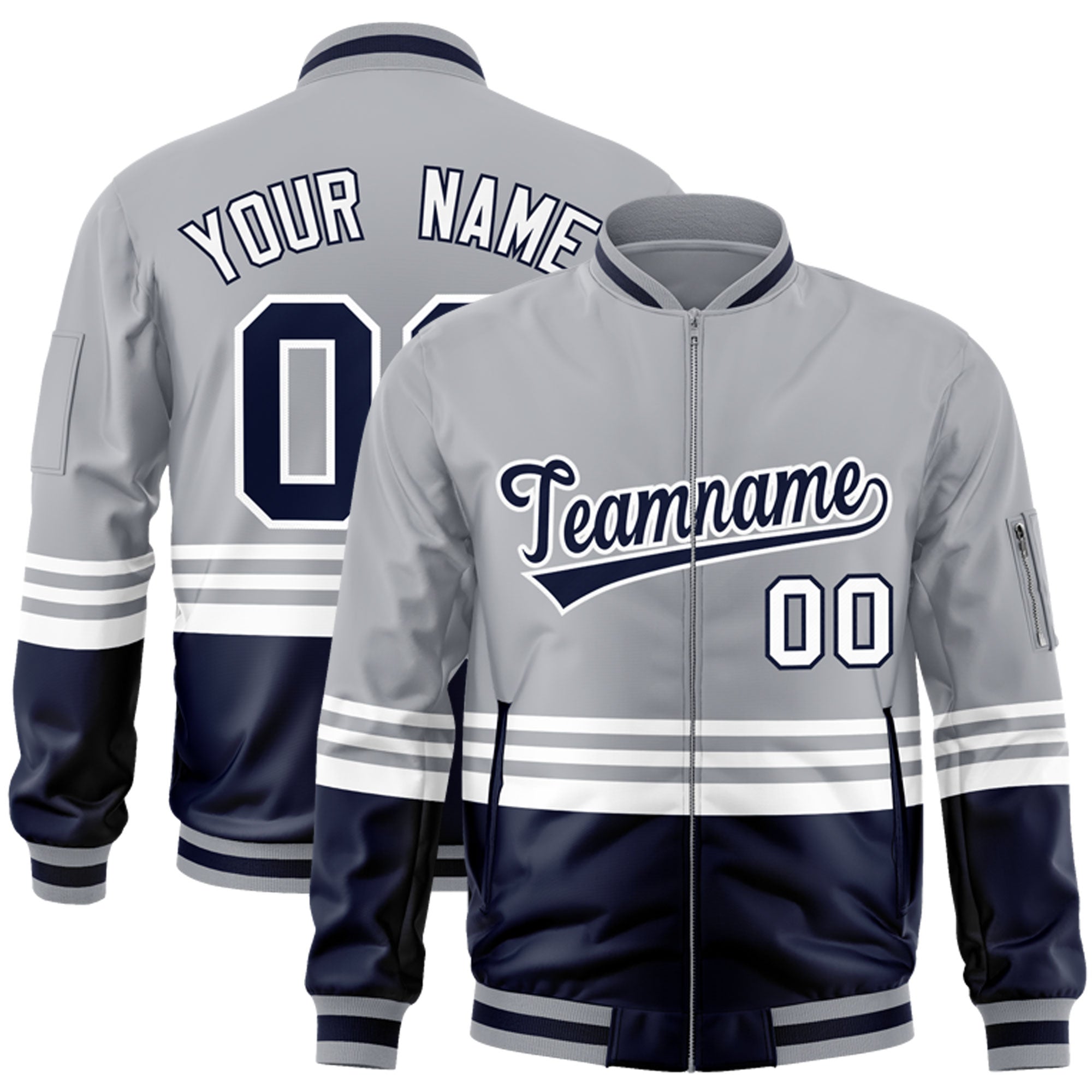 Custom Gray Navy-White Varsity Full-Zip Color Block Letterman Bomber Jacket