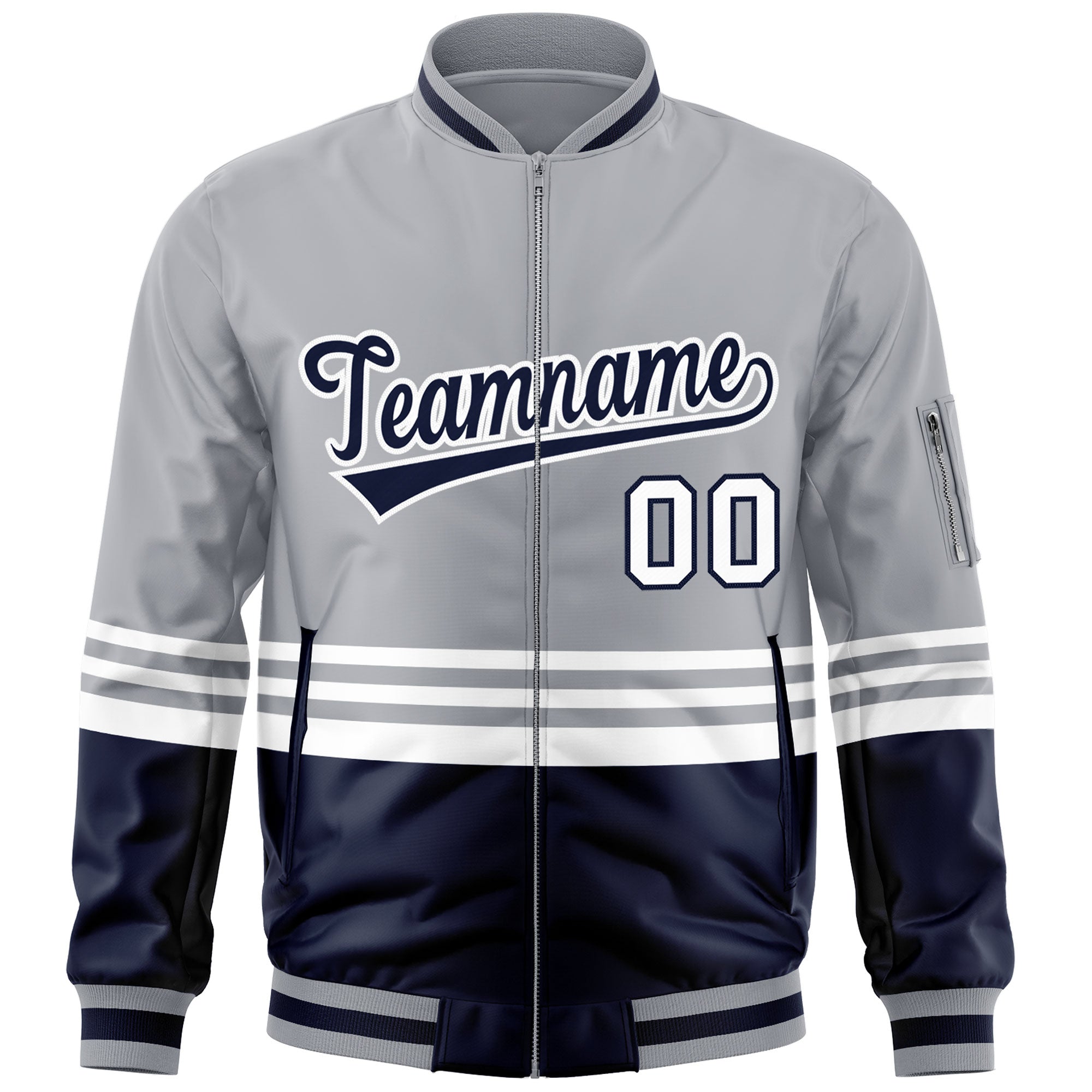 Custom Gray Navy-White Varsity Full-Zip Color Block Letterman Bomber Jacket