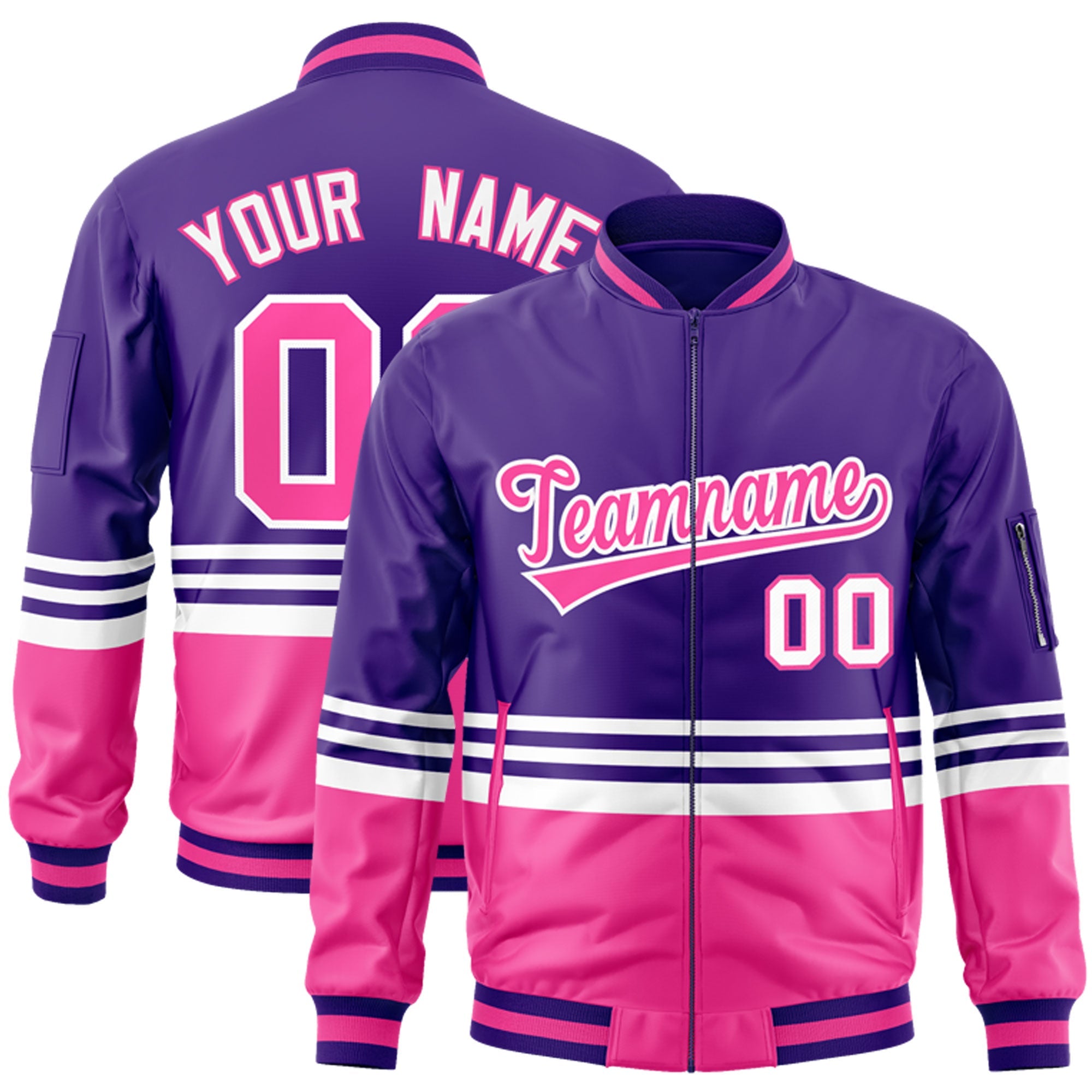 Custom Purple Pink-White Varsity Full-Zip Color Block Letterman Bomber Jacket