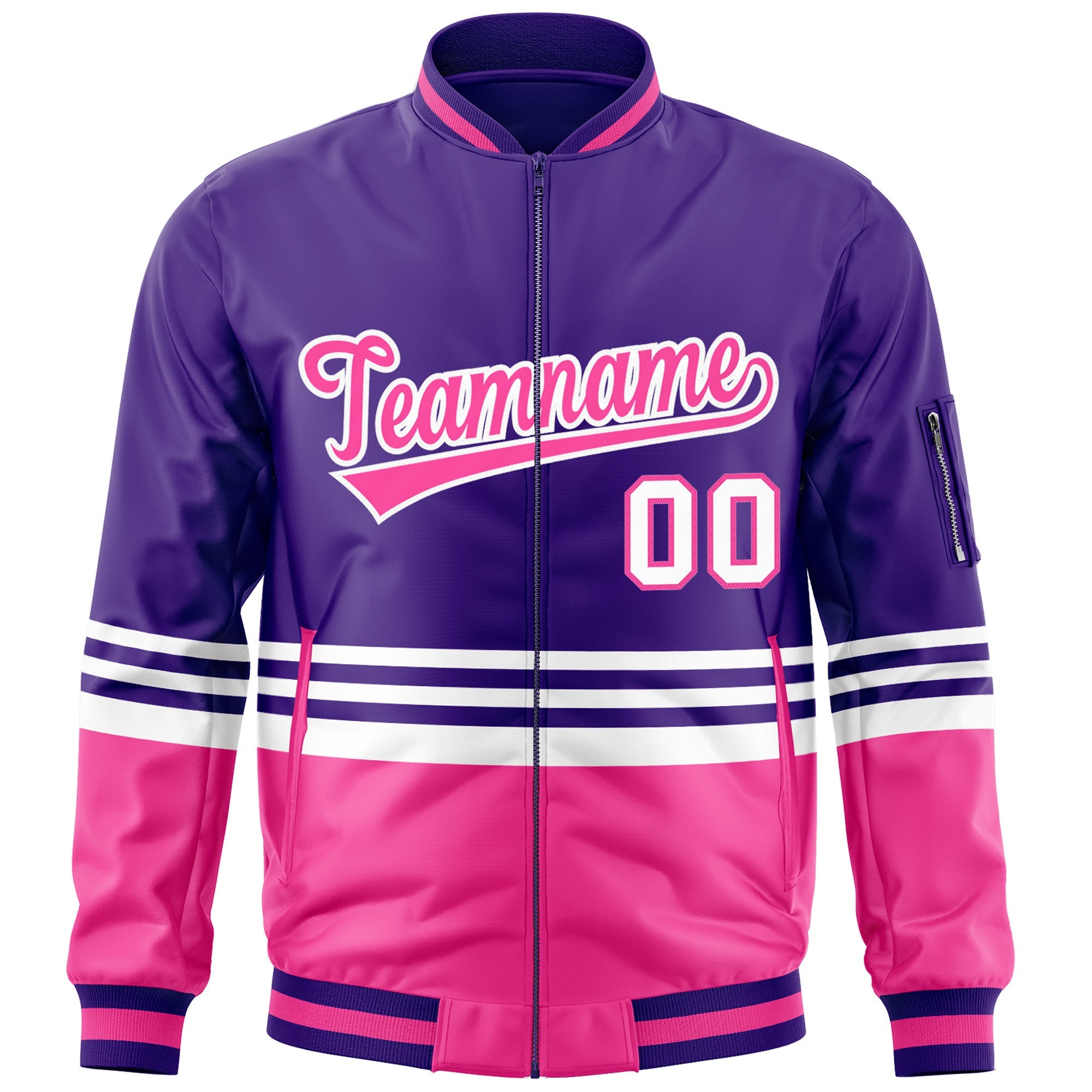 Custom Purple Pink-White Varsity Full-Zip Color Block Letterman Bomber Jacket