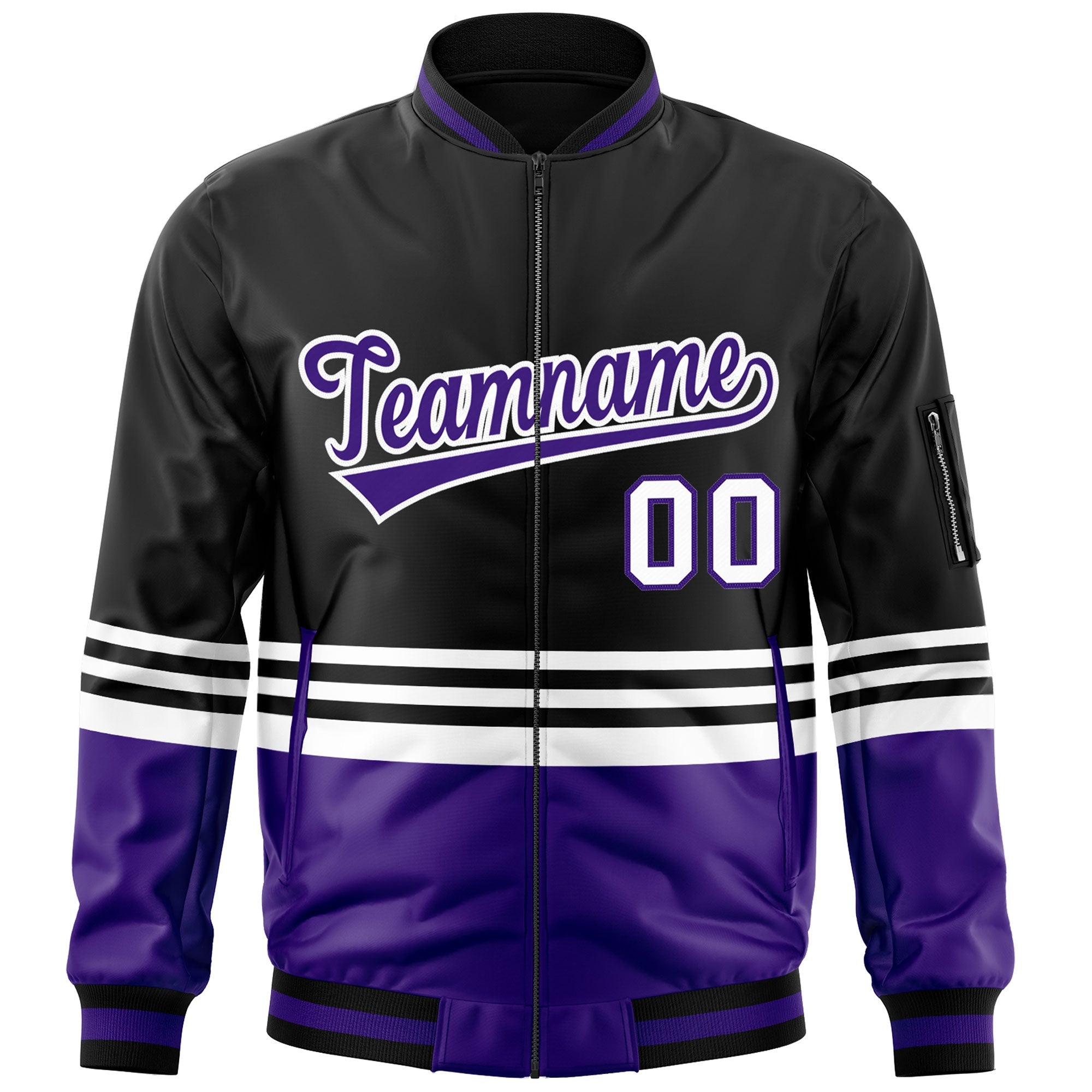 Custom Black Purple-White Varsity Full-Zip Color Block Letterman Bomber Jacket