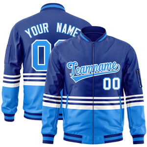 Custom Royal Powder Blue-White Varsity Full-Zip Color Block Letterman Bomber Jacket