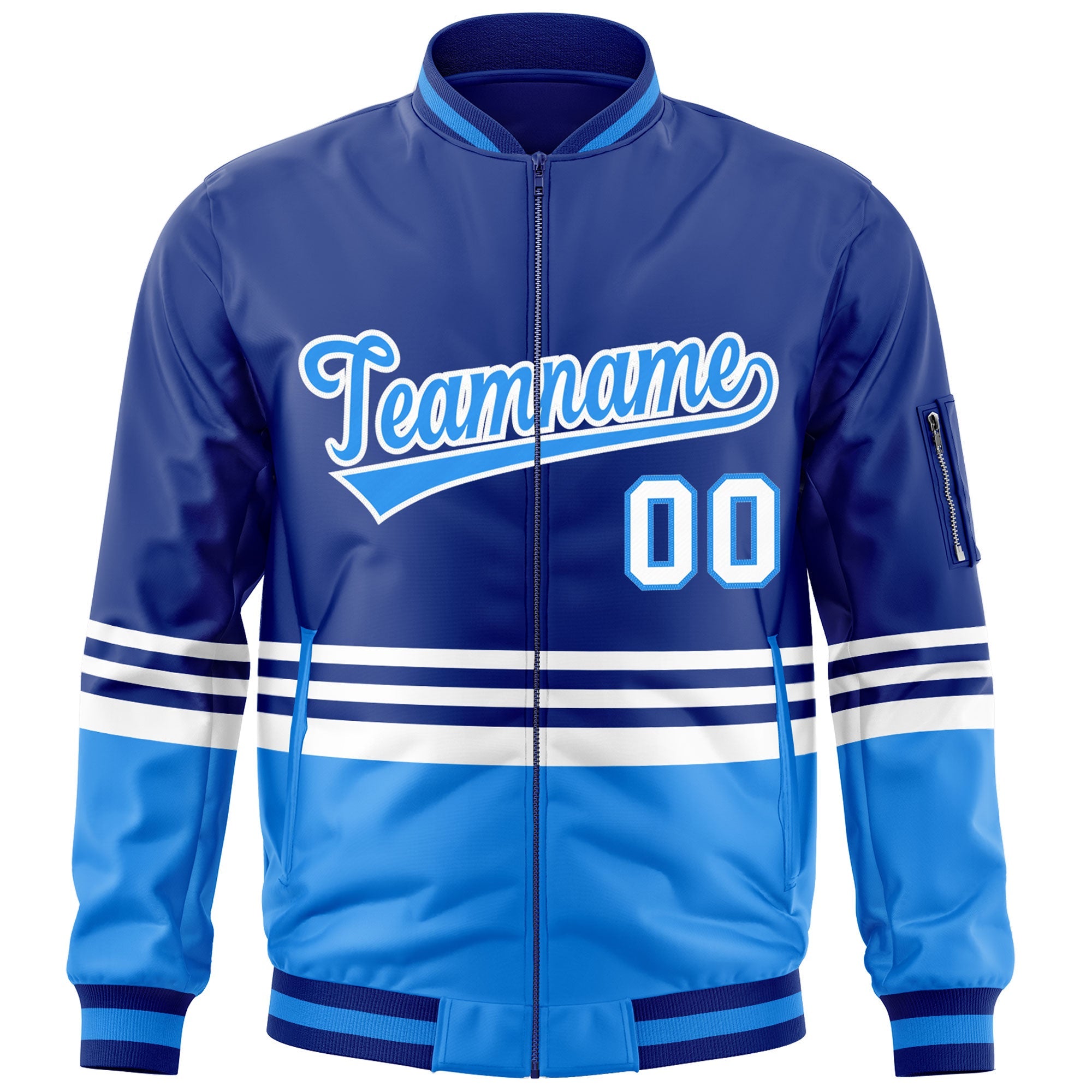 Custom Royal Powder Blue-White Varsity Full-Zip Color Block Letterman Bomber Jacket