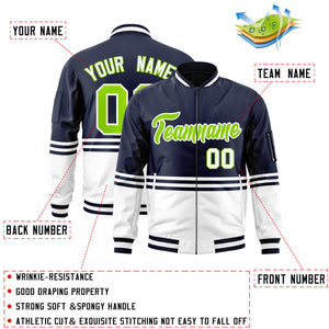 Custom Navy Neon Green-White Varsity Full-Zip Color Block Letterman Bomber Jacket