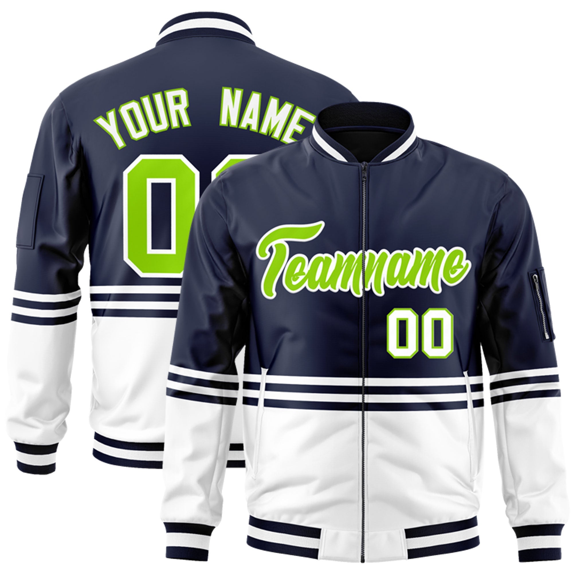 Custom Navy Neon Green-White Varsity Full-Zip Color Block Letterman Bomber Jacket