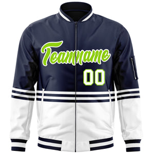 Custom Navy Neon Green-White Varsity Full-Zip Color Block Letterman Bomber Jacket