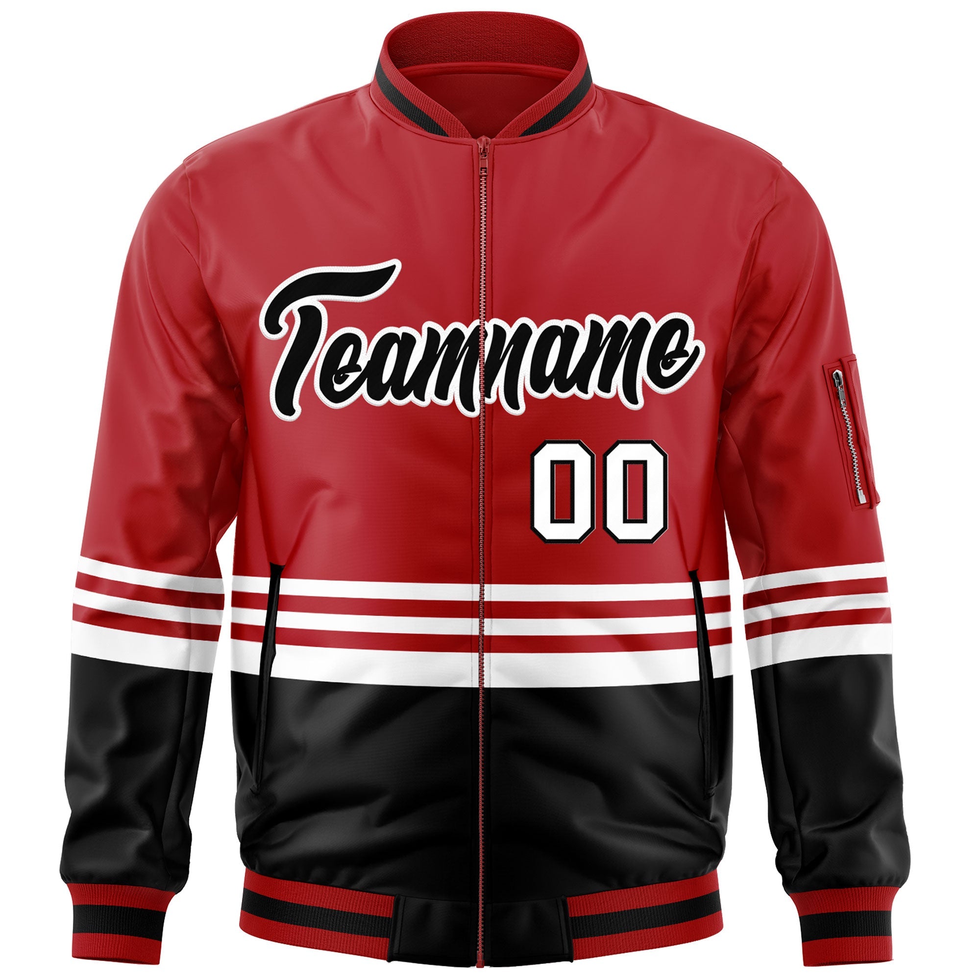 Custom Red Black-White Varsity Full-Zip Color Block Letterman Bomber Jacket