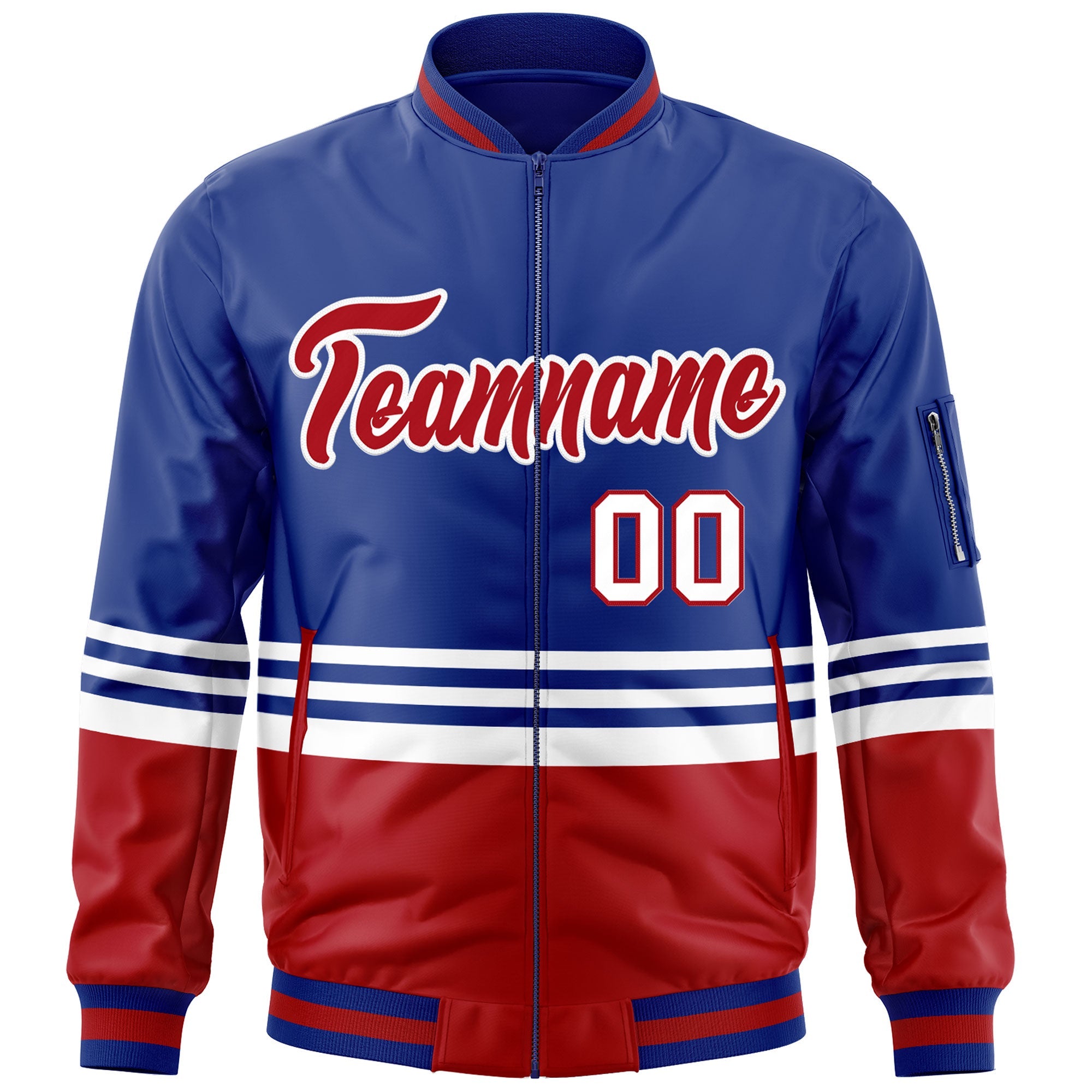 Custom Royal Red-White Varsity Full-Zip Color Block Letterman Bomber Jacket