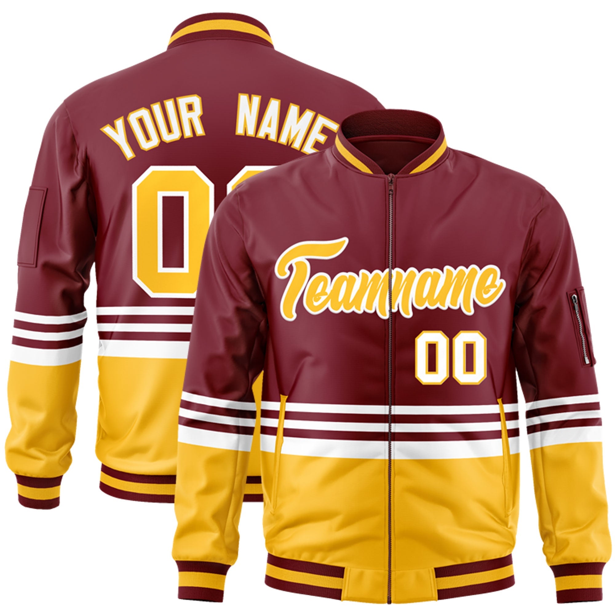 Custom Crimson Gold-White Varsity Full-Zip Color Block Letterman Bomber Jacket