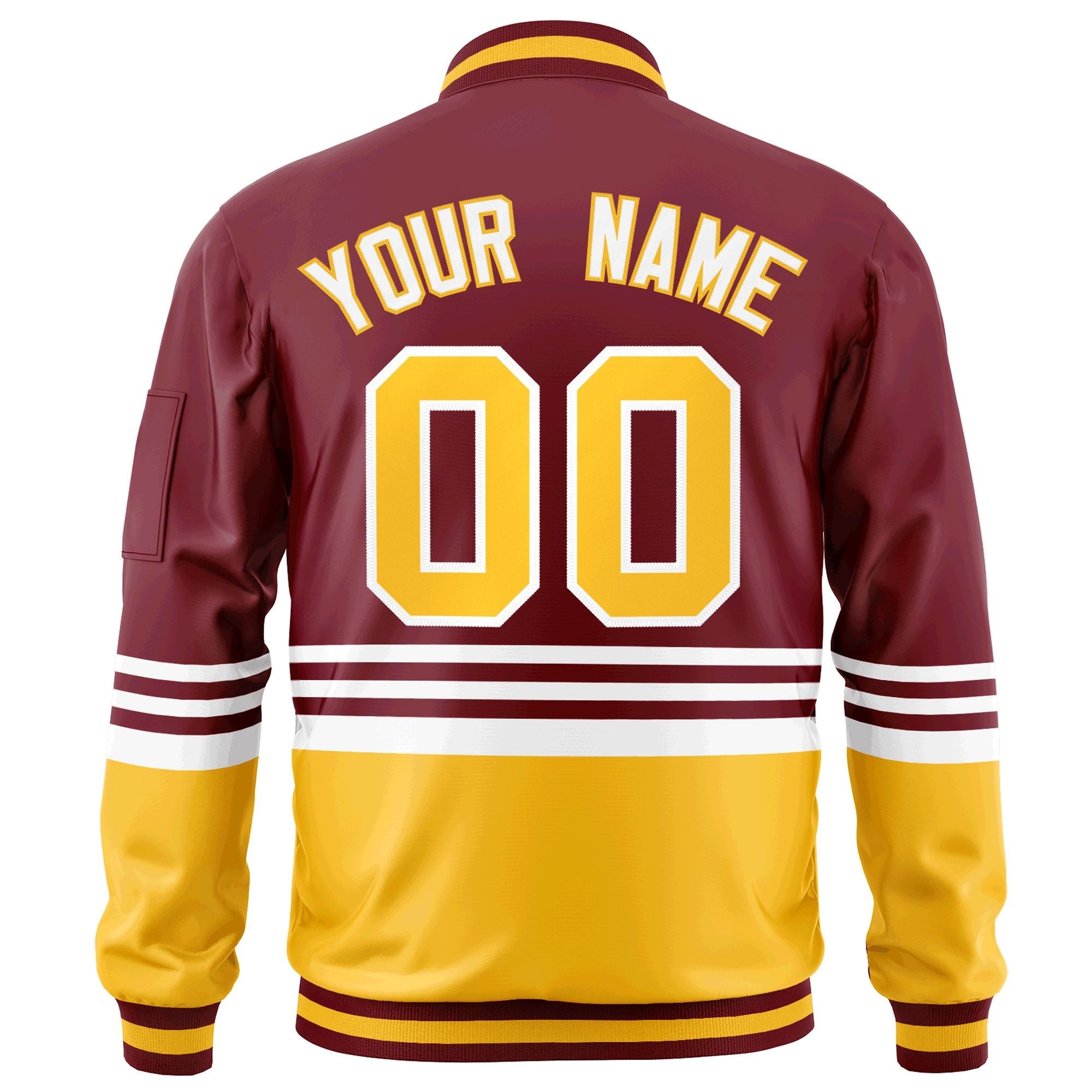 Custom Crimson Gold-White Varsity Full-Zip Color Block Letterman Bomber Jacket