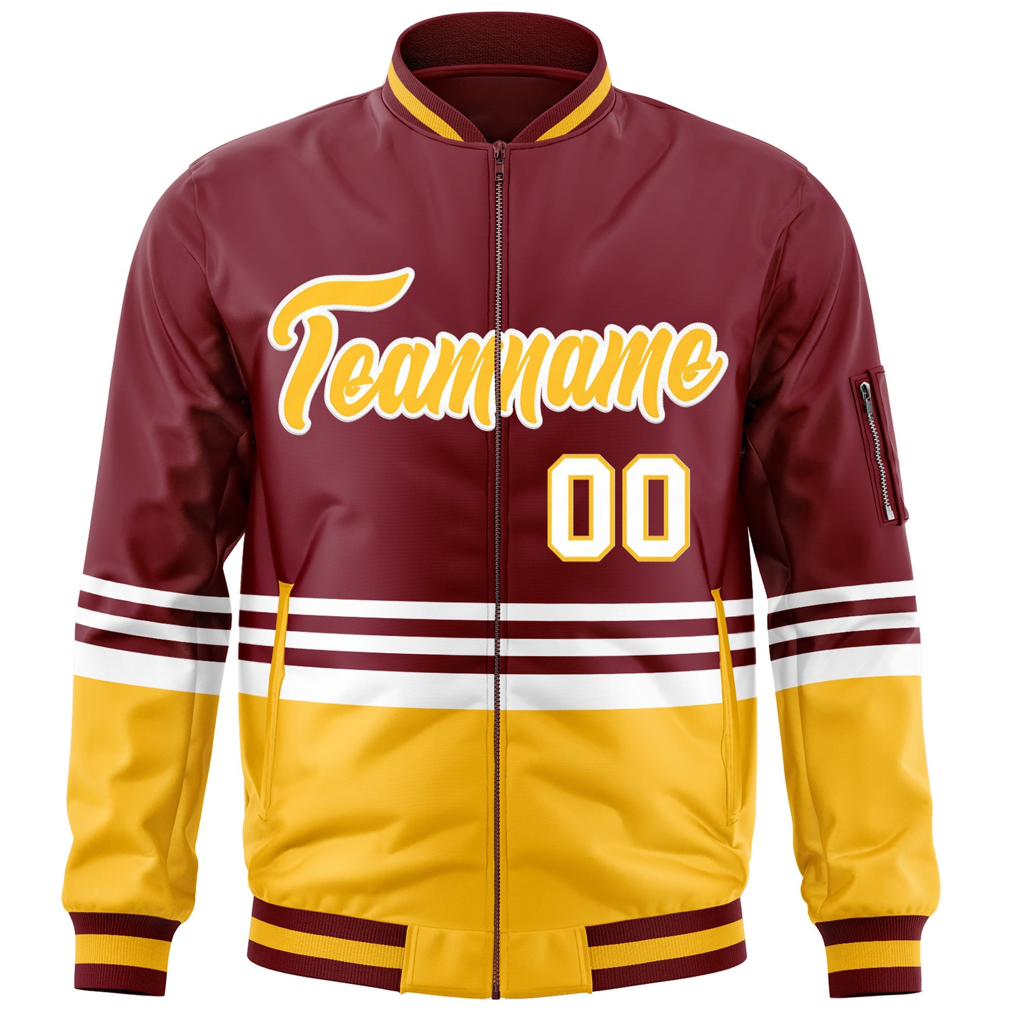 Custom Crimson Gold-White Varsity Full-Zip Color Block Letterman Bomber Jacket