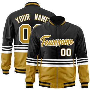 Custom Black Old Gold-White Varsity Full-Zip Color Block Letterman Bomber Jacket