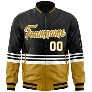 Custom Black Old Gold-White Varsity Full-Zip Color Block Letterman Bomber Jacket