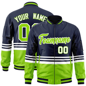 Custom Navy Neon Green-White Varsity Full-Zip Color Block Letterman Bomber Jacket