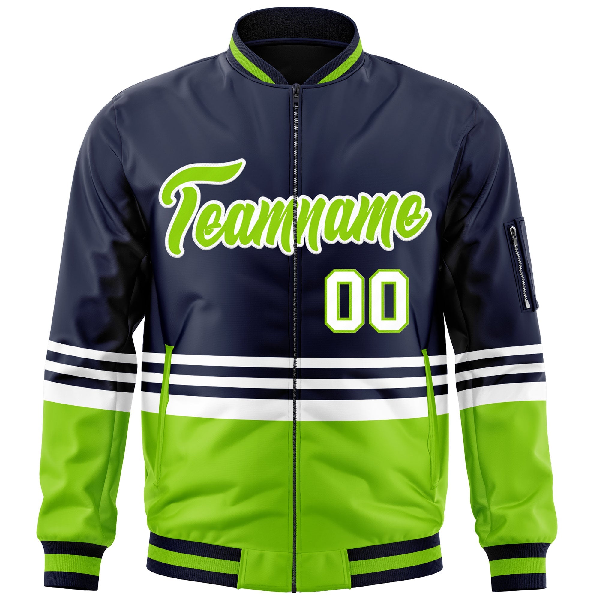 Custom Navy Neon Green-White Varsity Full-Zip Color Block Letterman Bomber Jacket