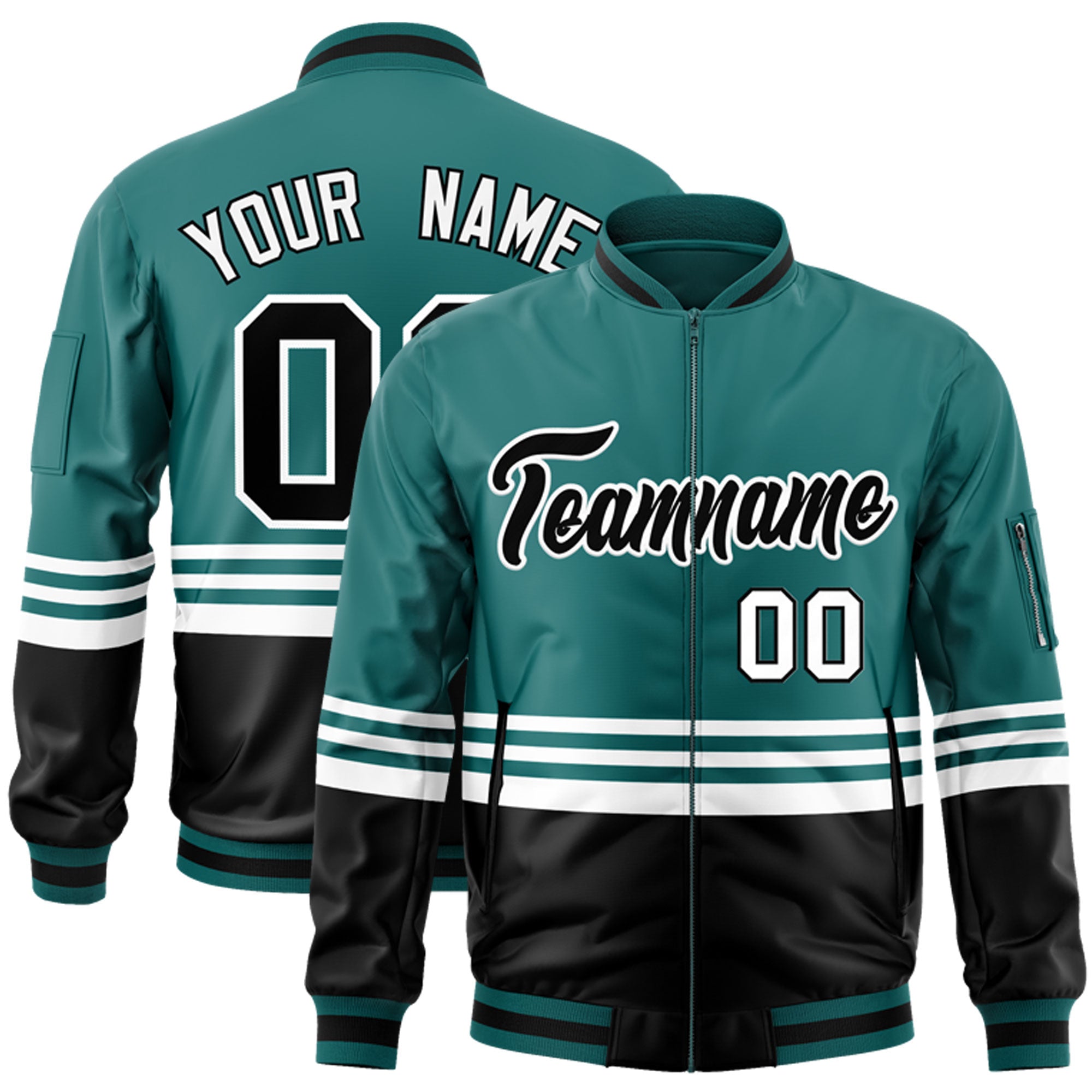 Custom Aqua Black-White Varsity Full-Zip Color Block Letterman Bomber Jacket