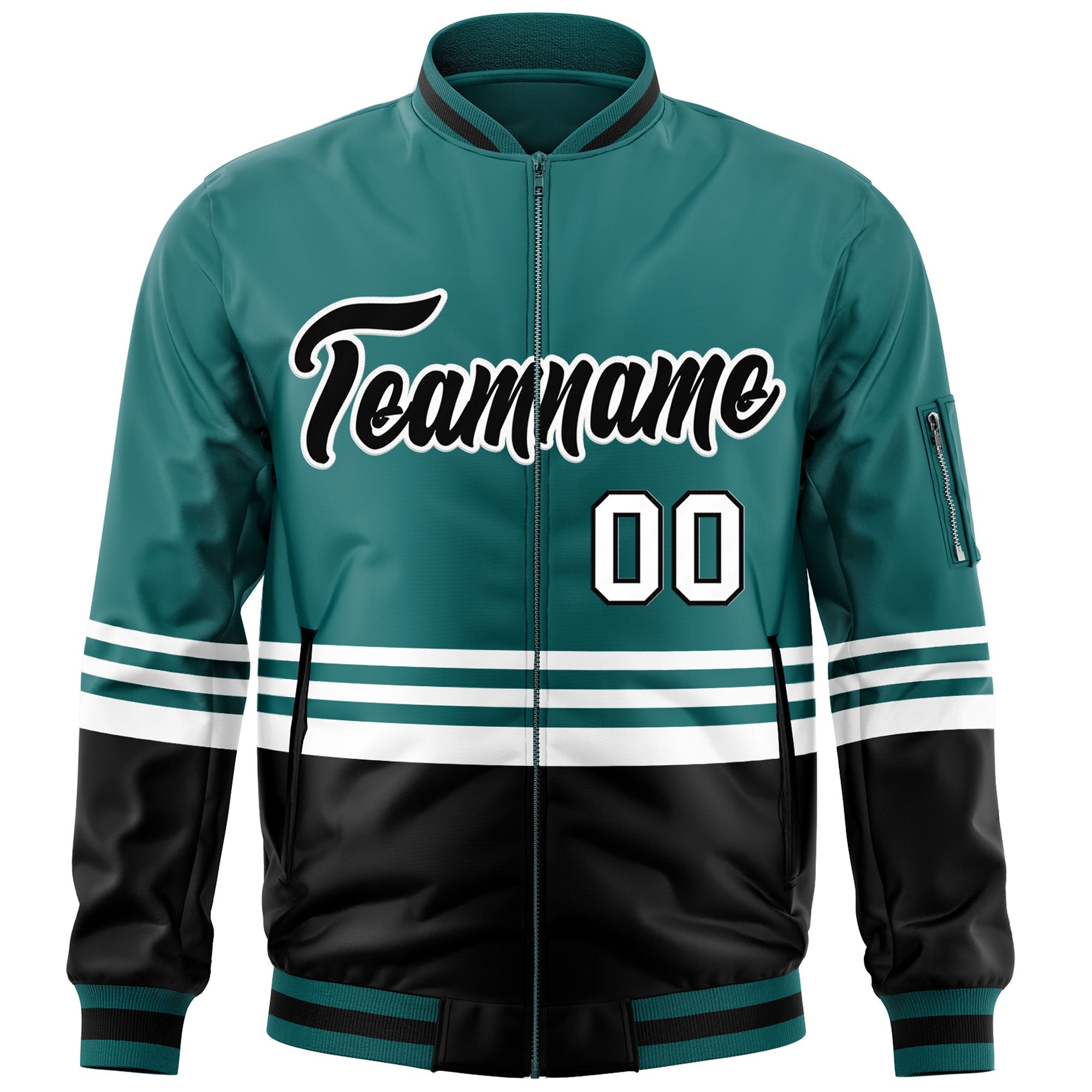 Custom Aqua Black-White Varsity Full-Zip Color Block Letterman Bomber Jacket