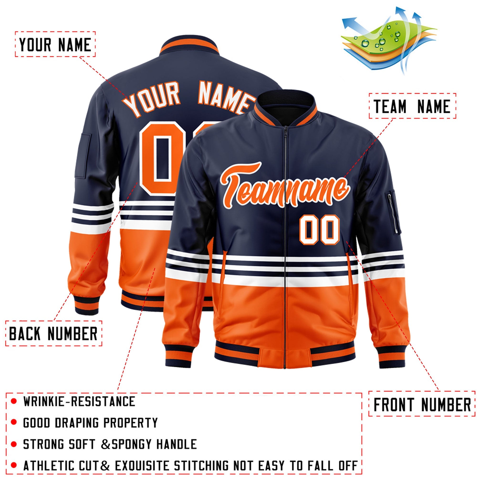 Custom Navy Orange-White Varsity Full-Zip Color Block Letterman Bomber Jacket