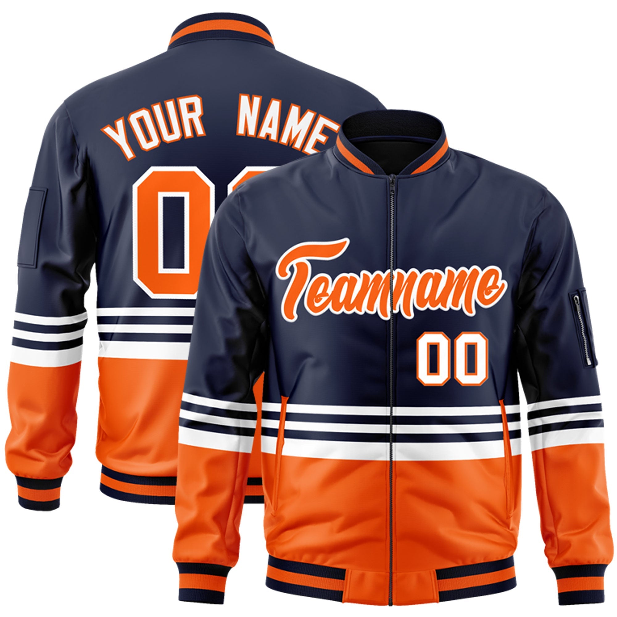 Custom Navy Orange-White Varsity Full-Zip Color Block Letterman Bomber Jacket