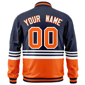 Custom Navy Orange-White Varsity Full-Zip Color Block Letterman Bomber Jacket