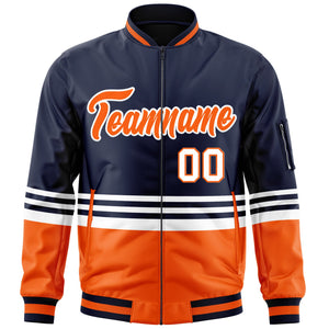 Custom Navy Orange-White Varsity Full-Zip Color Block Letterman Bomber Jacket