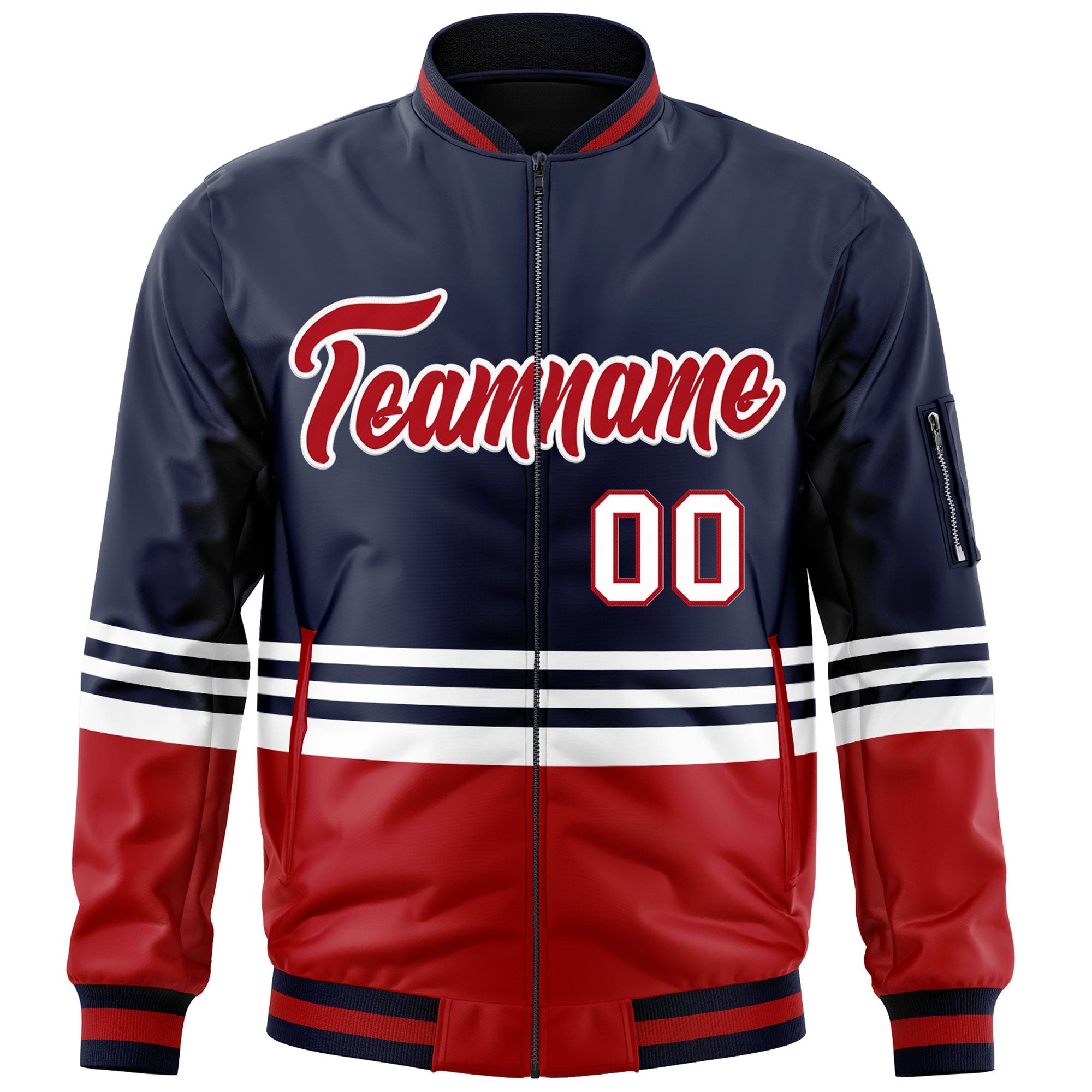 Custom Navy Red-White Varsity Full-Zip Color Block Letterman Bomber Jacket