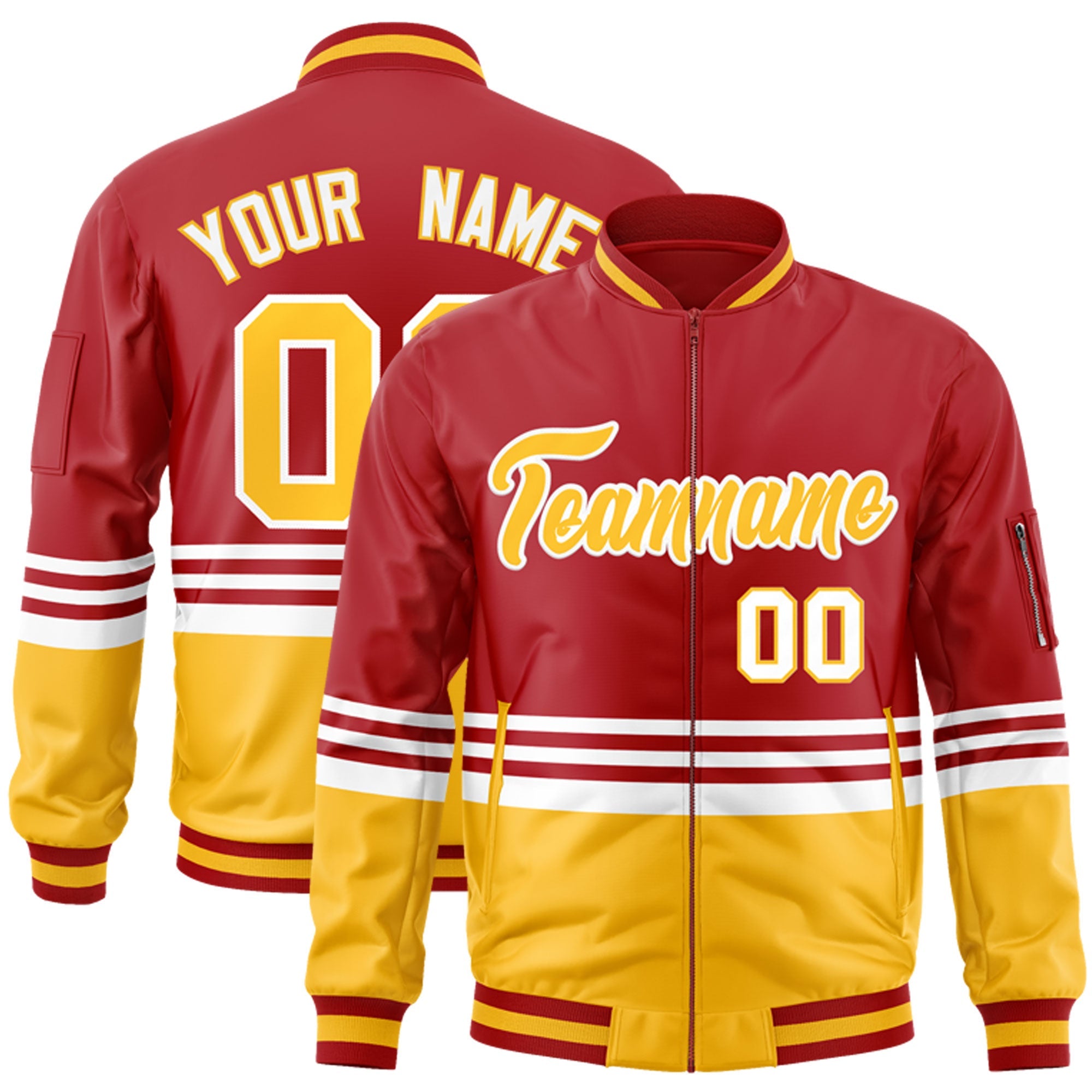 Custom Red Gold-White Varsity Full-Zip Color Block Letterman Bomber Jacket